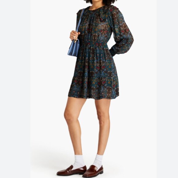 BA&SH Presley Long Sleeve Mini Dress Night Blue Floral Size EU 0 US XS NWT - Picture 2 of 11